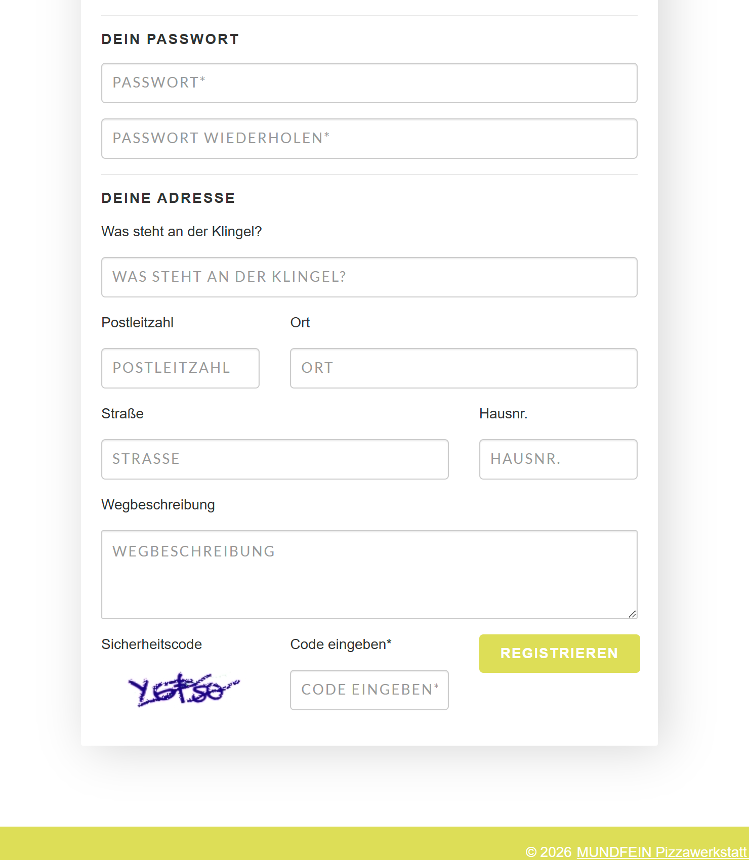Adressfelder + Sicherheitscode-CAPTCHA + Registrieren-Button