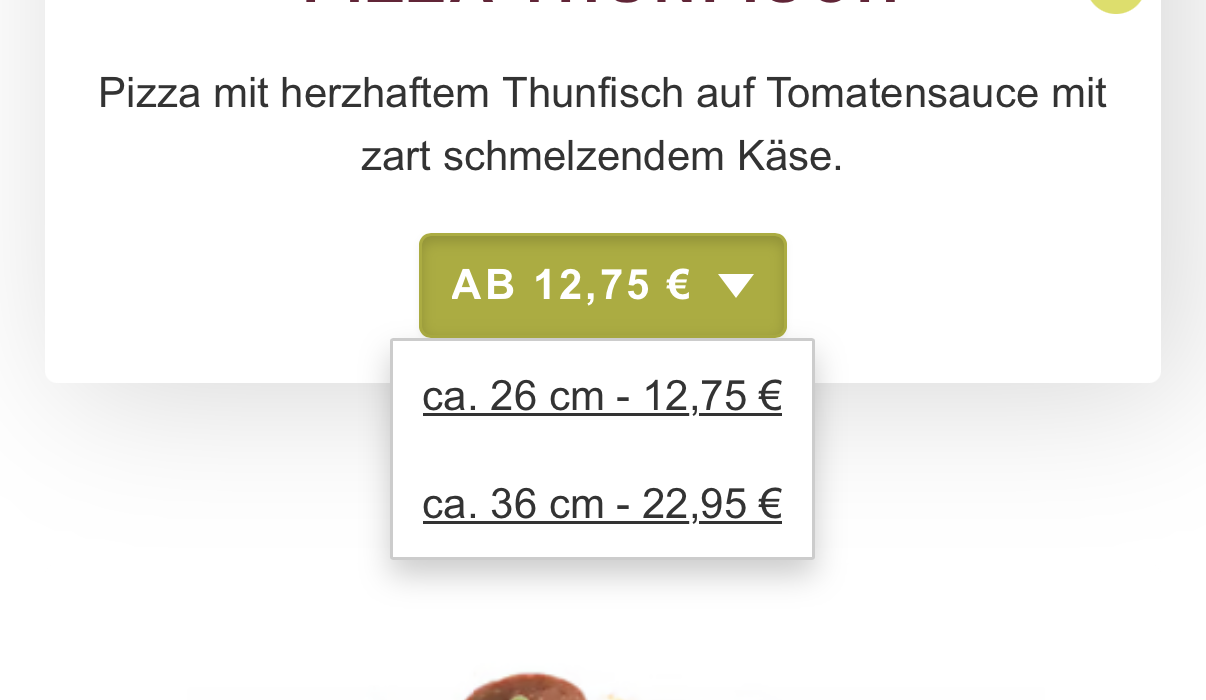 Pizza-Größenauswahl als Dropdown mit Mini-Buttons