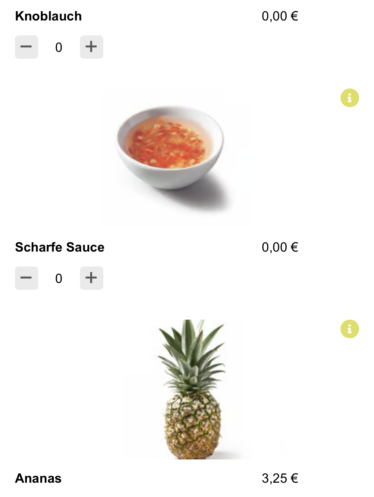 Zutaten-Liste mit riesigen Lebensmittel-Fotos