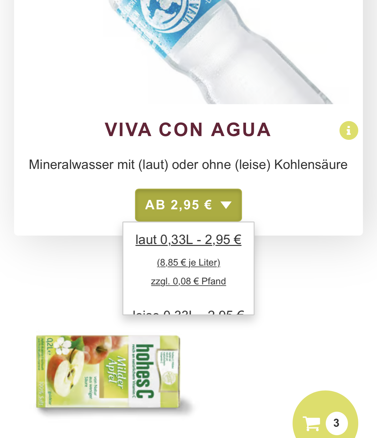 Getränke-Größen in winzigem Dropdown mit Scroll