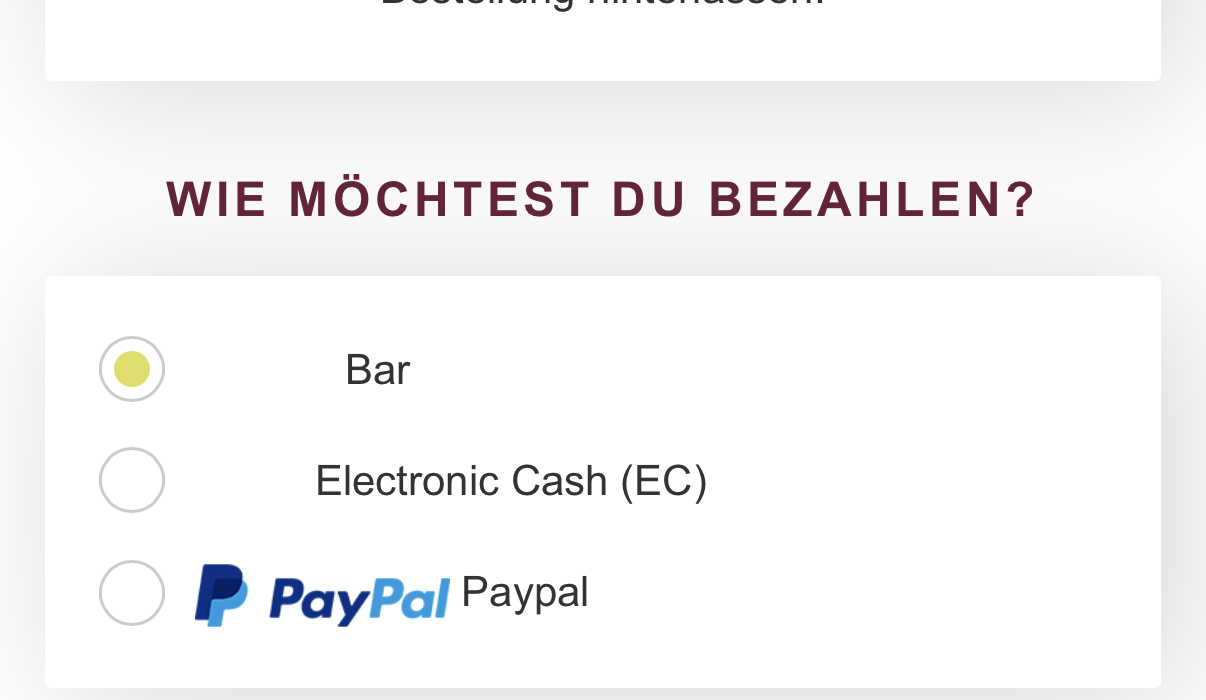 Bezahlmethoden nur Bar, EC und PayPal